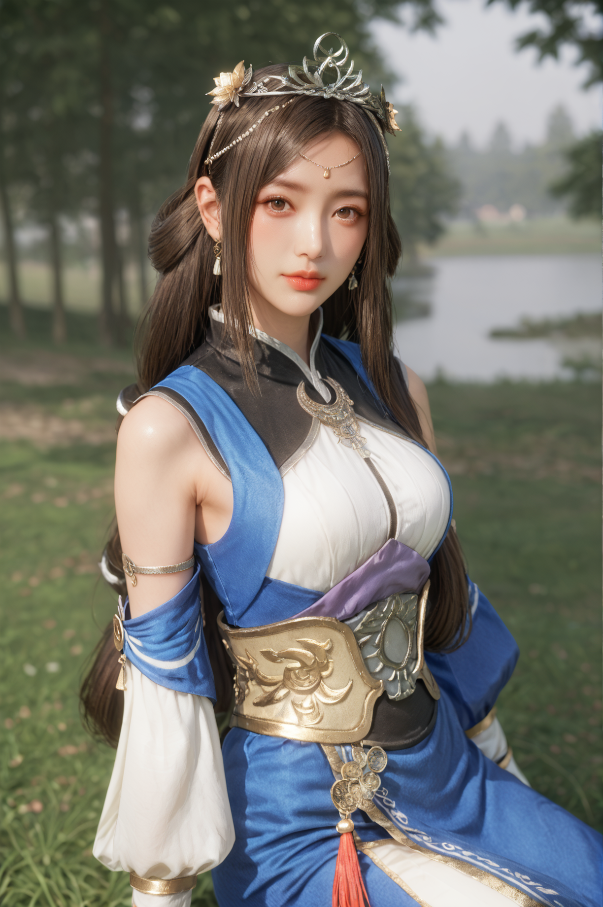 score_9, score_8_up, score_7_up, 1girl, solo, looking at viewer, half body shot, Kneeling and pretending to propose with an oversized ring, <lora:Cai_Wenji_Dynasty_Warriors:0.8> long hair, brown hair, brown eyes, jewelry, hair ornament, tiara, dress, detached sleeves, pantyhose, outdoors, blurry, depth of field