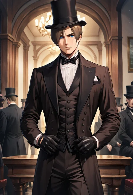 masterpiece, best quality, newest, absurdres, highres, anime, anime style, VGE-V1.0, goth fashion, victorian, solo, solo focus, male focus,
1boy, leon s. kennedy, brown hair, blue eyes, gloves,
hat, top hat, formal,