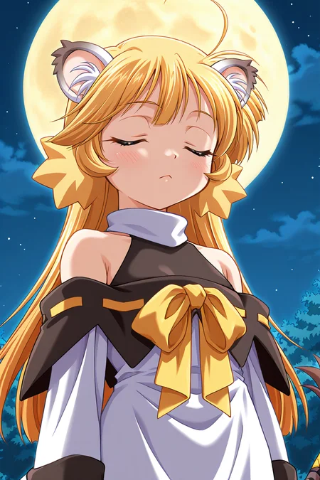 masterpiece, best quality, absurdres, official art, official style, general BREAK <lora:ouki-torakapu_IL_v1-1:0.7>, ouki, 1girl, solo, green eyes, blonde hair, sidelocks, long hair, ahoge, no headwear, flat chest, tiger girl, tiger ears, animal ear fluff, tiger tail, tail ribbon, yellow ribbon, turtleneck, halterneck, black capelet, ribbon trim, white dress, short dress, off-shoulder dress, bare shoulders, yellow bow, breast bow, long sleeves, wide sleeves, detached sleeves, red orbs, two large orbs, hanging from waist, outdoors, full moon, night, cloud, night sky, moonlight, starry sky,
blush, :<, a little angry, closed eyes, closed mouth, facing viewer, frown, standing