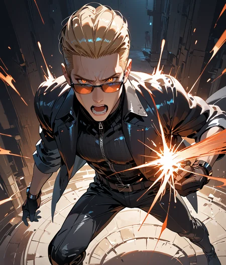 PonyScores7, source_anime, ah1
BREAK <lora:albertwesker-guy-PONYv1:0.8> albertwesker, albert wesker, 1boy, blonde, black gloves, (sunglasses:1.3), belt, black coat, black pants, looking at viewer, toned, athletic, fit, slicked back hair, black turtleneck, zipper, mature male, short hair, black boots, (A character is mid-move, blocking or deflecting a powerful energy blast with a shield or weapon, The energy is bouncing off in dramatic arcs of light or plasma, with the defender standing firm, one arm bracing the block while the other is ready for counterattack, The surroundings could be crumbling from the force of the blast), (in the 18th century, in ballroom, during twilight), (mind break, open mouth, Indifferent, exhausted expression), (focused, intense glare), (reddish orange eyes, slit pupils), (angular face, sharp_featured face), handsome, charming, alluring
BREAK <lora:xl_more_art-full_v1:0.2>, <lora:shinyskin2:0.2> glistening skin, <lora:aesthetic_anime_v1s:0.2>, <lora:Expressive_H:0.2> Expressiveh, <lora:hairdetailpxl:0.2> hairdetailpxl, <lora:EpicF4nta5yXL:0.2>, <lora:detailxl:0.2> detailxl, <lora:Fant5yP0ny:0.2>, best quality, amazing quality, best aesthetic, absurdres, <lora:expressive eyes:0.2> expressive eyes, <lora:eyedetailpxl:0.2> eyedetailpxl, illustration, Volumetric_Lighting, ultra-detailed, very aesthetic, intricate details, 8k, masterpiece, best_quality
BREAK (High Angle (from the side) view medium Close shot, focus on legs)
BREAK <lora:Eyes_High_Definition:0.3> EyesHD, Stable_Yogis_PDXL_Positives, AS-Adult, <lora:Complicated fantasy portrait - XL Pony V2.0:0.4>, bad-hands-5, AS-MidAged, <lora:HDA_Detailer:0.2>,