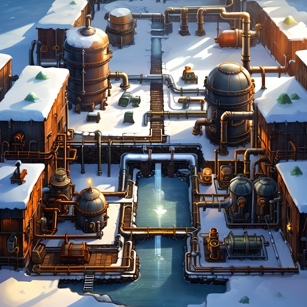 steampunk city scene,heavy snow,
nature light,Fantastic light and shadow,top down 2d game,2d game scene,<lora:2d_game_scence:0.8>,