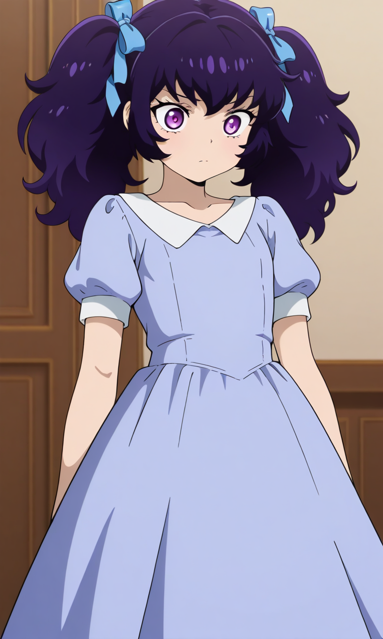 1girl, solo, rovian, purple hair, purple eyes, twintails, blue hair ribbon,blue dress,
, masterpiece,best quality,amazing quality,very aesthetic,absurdres,newest,