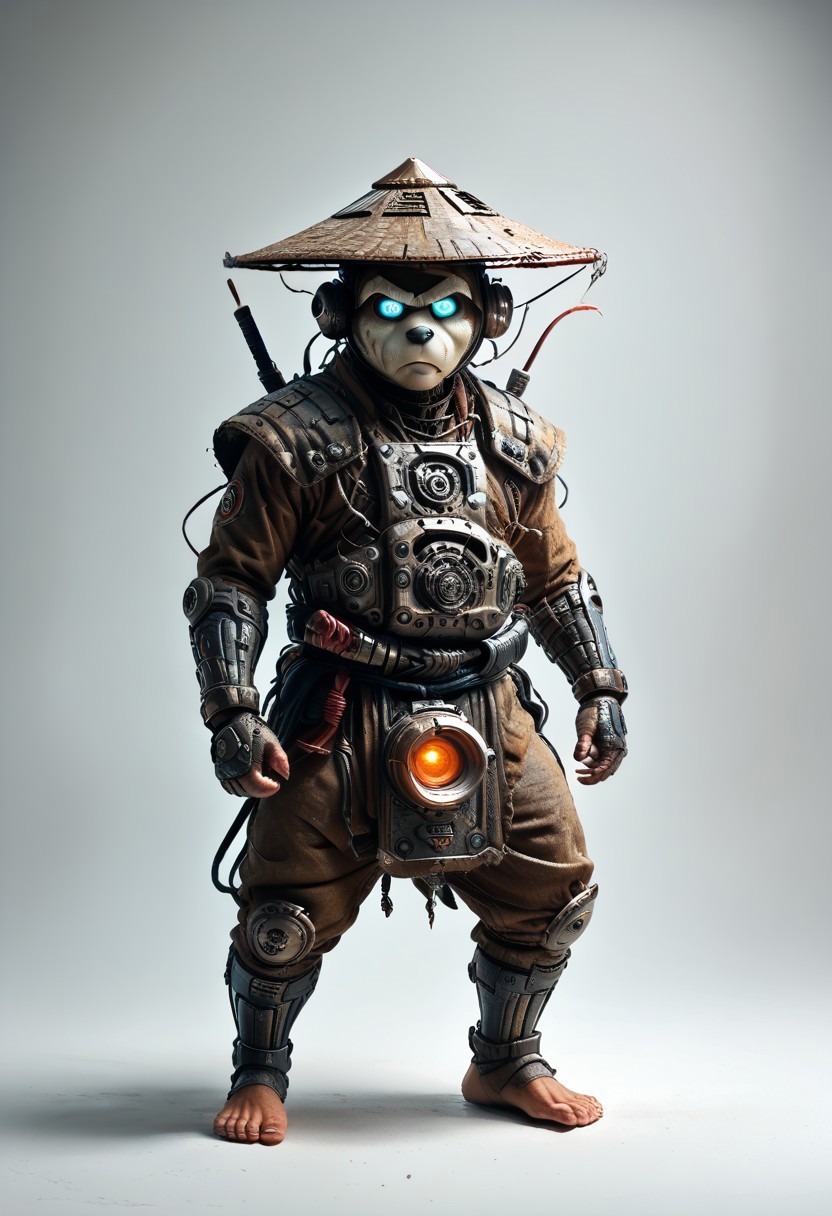 masterpiece, best quality, newest,
 eyecatching composition, dynamic pose, dynamic angles, detailed background of bamboo forest, Asian conical hat, strawhat, conical hat,
A Shadow faster than the light
Like cosmic fire his presence is
Shining in the night
Born from high technology
Too fast for human eyes to see
A soldier made of cyber steel
Create to kill the enemy
By neutreon power he is ready to strike
Can you feel the fire
See the anger in his burning eyes
He's the Super Sonic Samurai
By jetpack power he's ready to fly
He's the Super Sonic Samurai
Laser Katana high up to the sky
For the Super! Sonic Samurai!
barefoot plantigrade furry male, panda bear, chubby
