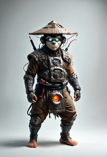 masterpiece, best quality, newest,
eyecatching composition, dynamic pose, dynamic angles, detailed background of bamboo forest, Asian conical hat, strawhat, conical hat,
A Shadow faster than the light
Like cosmic fire his presence is
Shining in the night
Born from high technology
Too fast for human eyes to see
A soldier made of cyber steel
Create to kill the enemy
By neutreon power he is ready to strike
Can you feel the fire
See the anger in his burning eyes
He's the Super Sonic Samurai
By jetpack power he's ready to fly
He's the Super Sonic Samurai
Laser Katana high up to the sky
For the Super! Sonic Samurai!
barefoot plantigrade furry male, panda bear, chubby