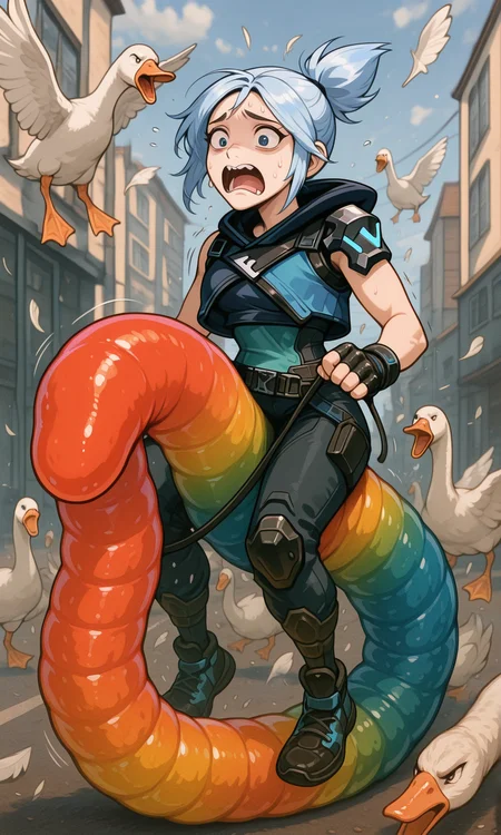 embedding:IllusP0s, goose ambush, 6+ geese, riding gummy worm, reigns, jett_\(valorant\), scared, 1girl, solo,<lora:goose ambush_illustrious.safetensors:1.0:1.0> <lora:riding gummy worm_reigns_illustrious.safetensors:1:1>