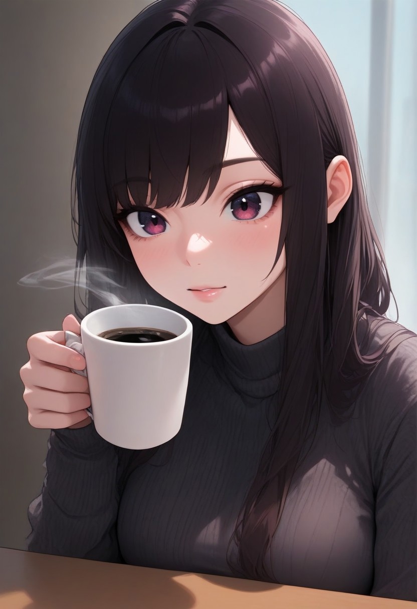 DjM_up,  a woman is holding a cup of coffee, masterpiece, best quality, very aesthetic