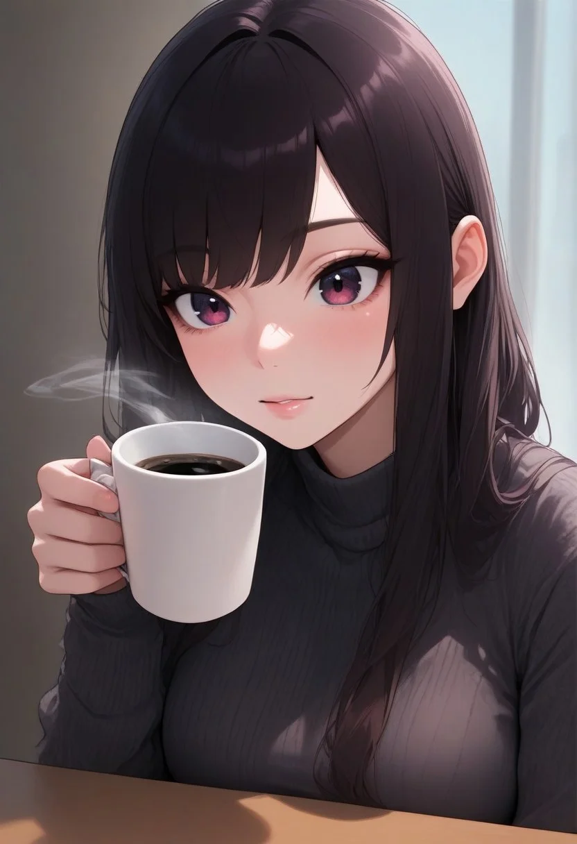 DjM_up, a woman is holding a cup of coffee, masterpiece, best quality, very aesthetic