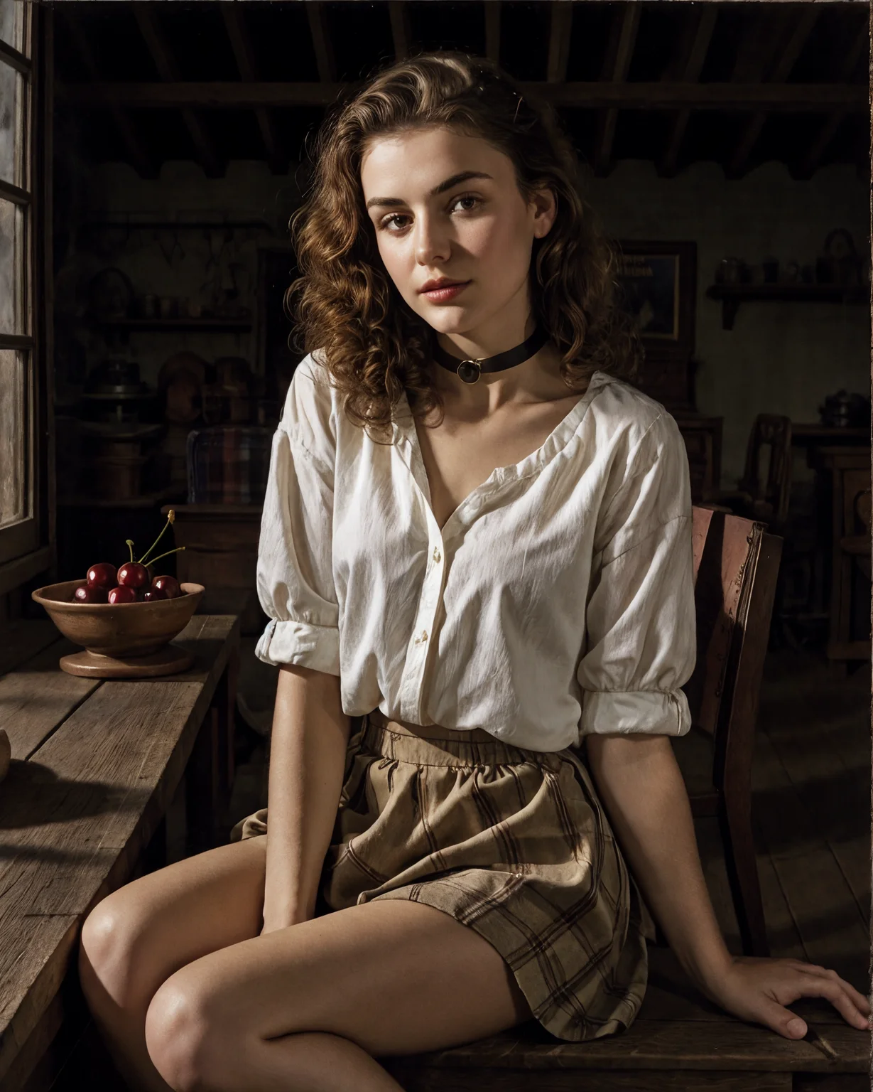 Johmeer, frush, a young 21yo Slovak Slovakia woman in
Nostalgic Craftsman bungalows with exposed rafters and front gables., (elegant pose, sitting with legs crossed, sophisticated composure:1.1)
masterwork, best quality, soft shadow
(chestnut hair color in a big curls style:1.2),
choker ,
(iris vintage miniskirt showcasing a charming cherry print :1.1)
(SkinHairDetail:0.5)
<lora:LowRA:.3>
<lora:more_details:0.5>
<lora:Johannes Vermeer style:.6>
<lora:pearlfrush:.7>