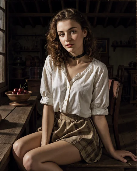 Johmeer, frush, a young 21yo Slovak Slovakia woman in
Nostalgic Craftsman bungalows with exposed rafters and front gables., (elegant pose, sitting with legs crossed, sophisticated composure:1.1)
masterwork, best quality, soft shadow
(chestnut hair color in a big curls style:1.2),
choker ,
(iris vintage miniskirt showcasing a charming cherry print :1.1)
(SkinHairDetail:0.5)
<lora:LowRA:.3>
<lora:more_details:0.5>
<lora:Johannes Vermeer style:.6>
<lora:pearlfrush:.7>