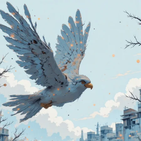 An aerial view from the sky, capturing a majestic bird in flight, its head and upper body in close-up, wings spread wide against a backdrop of infinite white. The bird’s feathers glisten with subtle, intricate textures—its plumage a mix of soft gray, white, and hints of deep brown, blending seamlessly with the snow-covered landscape below. Its sharp, piercing eyes are fixed on the horizon, conveying a sense of purpose and power.
Below, the earth stretches endlessly, a pristine expanse of snow glowing softly under diffused light. The landscape is blanketed in white, with faint details emerging: the dark lines of frozen rivers winding like veins, the jagged peaks of distant mountains breaking through the snow, and the faint outlines of barren trees standing as quiet sentinels. Shadows are soft and pale, adding depth without disrupting the purity of the scene.
The perspective emphasizes the bird’s movement, its body slightly tilted as it glides effortlessly through the cold, silent air. Behind it, the horizon fades into a misty white, blurring the boundary between sky and earth, creating a sense of endless space and serene isolation. The composition captures a moment of graceful solitude, the bird a living contrast to the vast, frozen stillness below.