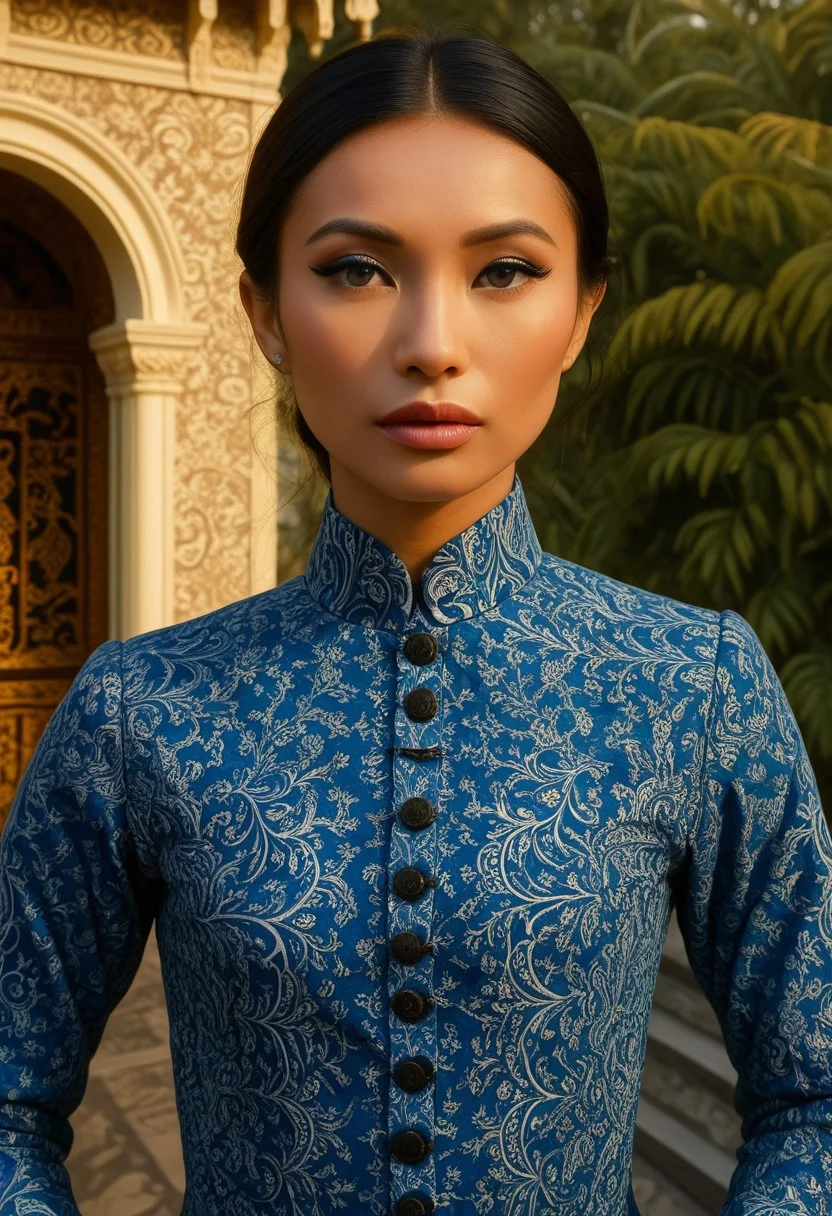 Indonesian_Batik_Morph, ryouko, female, solo, masterpiece, best quality, highly detailed, sharp focus, dynamic lighting, evening with golden hour lighting, professional grade, Photo realistic, Natural atmospheric lighting, intricate details, 35mm photograph, film, professional, 32k visuals, highly detailed, elegant, (scenery:2), (outdoor:2), golden hour, sunset, close up, ultra detailed, 32k, UHD, colorful, high quality, sharp focus, glamorous, (Victorian dress:1.9), European woman, 1girl, wrinkles, (anatomically correct:2.2), (fully dressed:2), (Indonesian_Batik_Morph mansion:2.6), dynamic position, She has blue eyes. face and upper body of an arrogant lady, exotic, stunningly beautiful 25 year old woman , high cheekbones, wearing red lipstick, natural eyes, black eyeliner and false eyelashes. She has thick lips and is gorgeous,