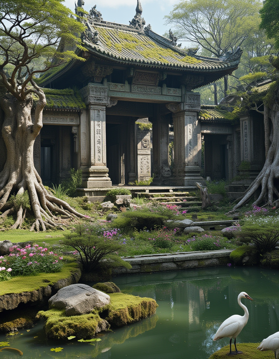 <lora:City_Worlds_02__Lost_-_Temple:1> cw02lost, asian temple, flowers, abandoned, ruins, moss, grass, collapsed, broken, crushed, pond, white grus birds, giant roots,