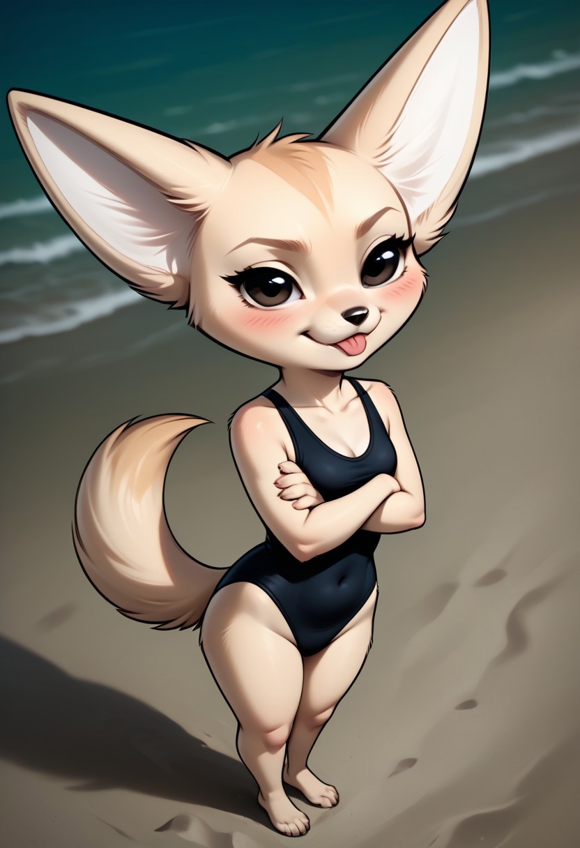 (detailed texture, digital artwork, improved quality, soft shading, cartoon, cinematic:1.2), ((beach, tides, blurred background)), (((solo, full body, high view))), ((beige fur, textured fur, anthro fennec, female, Fenneko_(Aggretsuko):1.0)), ((snout, pointy ears, tail, black eyes, eyelashes)), ((black swimsuit:1.2)), ((smirk, tongue out, blush, crossed arms, posing)),