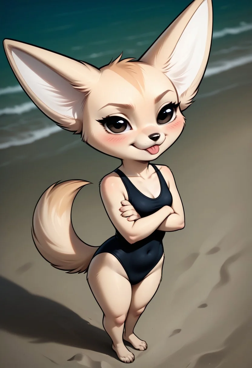 (detailed texture, digital artwork, improved quality, soft shading, cartoon, cinematic:1.2), ((beach, tides, blurred background)), (((solo, full body, high view))), ((beige fur, textured fur, anthro fennec, female, Fenneko_(Aggretsuko):1.0)), ((snout, pointy ears, tail, black eyes, eyelashes)), ((black swimsuit:1.2)), ((smirk, tongue out, blush, crossed arms, posing)),