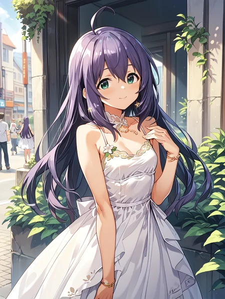 score_9,score_8_up,score_7_up,
official art,official style,game cg,megami magazine,
uncensored,
1girl,solo,
mochizuki anna,purple hair,green eyes,ahoge,
dress,white dress,sleeveless dress,
<lora:idolmaster_mochizuki_anna_pony_v1:1>,