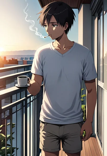 high resolution, solo, best quality, 1Boy, Takaki Toono, Brownish Hair, Brown Eyes, home balcony, morning, cigarette, coffee, t-shirt, shorts, looking away, OverallDetail