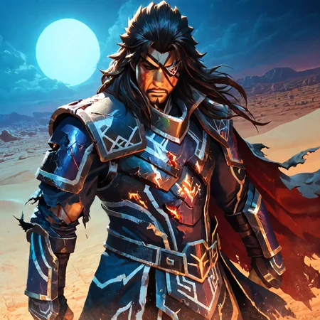 masterpiece, best quality, very awa, by rounin \(amuza\), <lora:xiahoudun-10:2>, 1boy, solo, cowboy shot, xiahoudun, black hair, long hair, brown eyes, eyepatch, facial hair. armor, cape, torn clothes, battle damaged, disheveled, exhausted, blood on face, bloody, bruised eye, desert, night, dynamic angle, <lora:cfg_scale_boost:0.7>, <lora:add-detail-xl:1.4>, <lora:xl_more_art-full_v1:1>