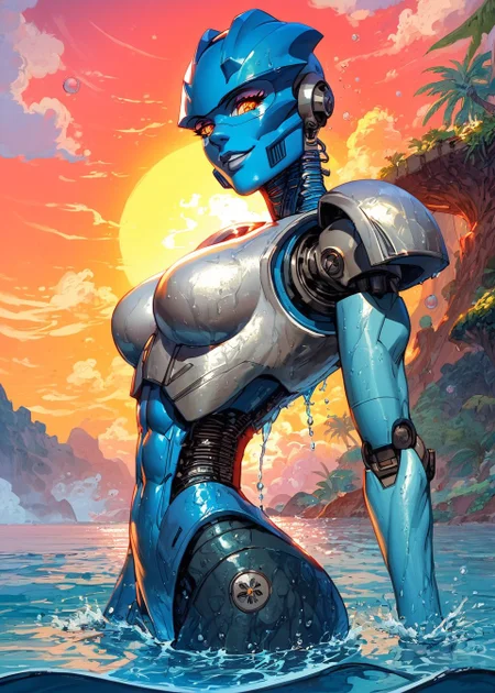 score_9, score_8_up, score_7_up,
gali, robot,  athletic girl, slight abs, silver armor, seductive smile, jewerly,
knva, halftone effect, 1girl, solo, tropical island background,magnificent background,rises from the water, 
soaked, wet,  head turn, side, water control,  telekinesis, water bubbles in the air, looking at viewer, water force, water energy consume, (flowing water),
sunset, two tone light,
<lora:Kenva:0.6>
<lora:Gali_Nuva:0.8>
<lora:cutesexyronutts_style_xl:0.5>
<lora:Fant5yP0ny:0.6>