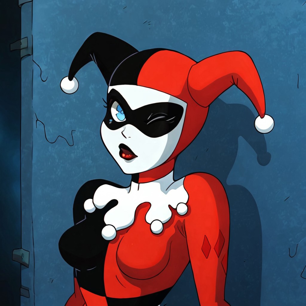 ng_deepnegative_v1_75t, Expressiveh, kinkymationstyle, night, wall, street
BREAK
1girl, jester cap, black mask, pale white skin, black lips, white collar, har1992, black and red suit, blue eyes without pupils.
BREAK
Posing sexy, sending a kiss to the viewer, wink
