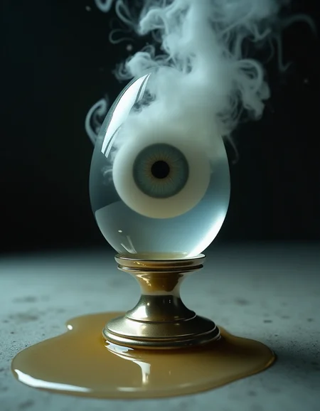 Close-up of a transparent glass egg on an Ionic pedestal, white smoke and an eye looking out from inside the egg, puddle of mercury on the ground, dark background, hard shadows, hyper-detailed, surrealist style