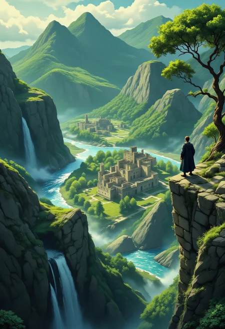 A lone male figure with flowing hair cascading past his waist stands at the edge of a towering cliff, overlooking a breathtaking isometric landscape. Below stretches a vast, verdant expanse where ancient ruins, long abandoned, have been reclaimed by nature. Towering trees and thick vines weave through the remains of crumbling stone structures, their walls cracked and overtaken by moss. The land is split by a grand, winding river, its shimmering waters reflecting the golden sunlight piercing through the thick forest canopy. Mist lingers over the scene, adding an ethereal atmosphere to the lost civilization. Small waterfalls cascade from the cliffs, feeding into the river that carves its way through the ruins. Birds soar above the treetops, and the sound of rustling leaves fills the air. The lone figure, clad in a long cloak that billows in the wind, stands motionless, deep in thought. His gaze is fixed on the mesmerizing sight below, a mixture of awe and nostalgia in his stance. The perspective captures the sheer scale of the landscape, the intricate details of nature's conquest over man-made structures, and the delicate balance between history and wilderness. aidmamj6.1, Detailed hand, Hand, Perfect hand, aidmafluxpro1.1