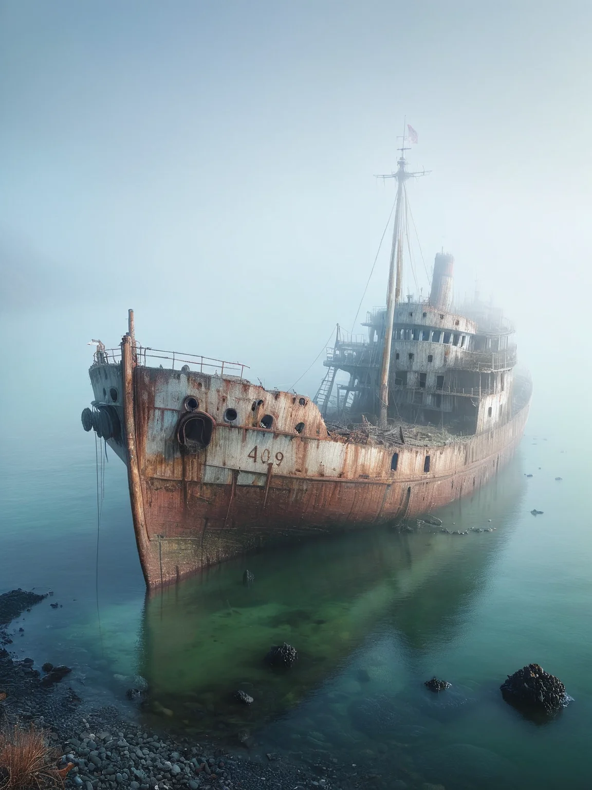 An ais-abandz ship on a foggy shoreline with remnants of its journey scattered around <lora:Abandoned_SDXL:1>, 4k, uhd,masterpiece
