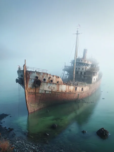 An ais-abandz ship on a foggy shoreline with remnants of its journey scattered around <lora:Abandoned_SDXL:1>, 4k, uhd,masterpiece