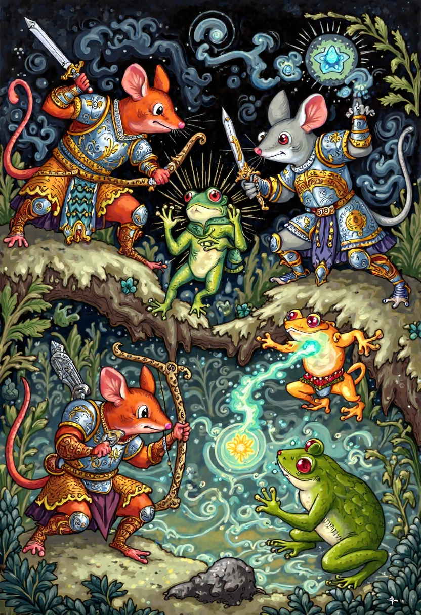 Clip L palech_styleIllustrate a fantastical battle scene between mice and frogs. The mice should be robust, armored fighters wielding bows and swords, while the frogs should be smaller and less well-armed, relying on magic and trickery to defeat their larger opponents. The setting could be a swampy battlefield under a murky sky, with vines and branches littering the ground. Show detailed animations of the mice's intricate armor designs and the frogs' magical spells, like flickering lights and floating objects. Use a muted color palette for the frogs and a brighter, more vibrant one for the mice to create contrast and excitement. The overall effect should be a whimsical yet tense clash of species, showcasing the ingenuity of both sides in the face of adversity. Illustration in the palech styleT5XXLpalech_styleIllustrate a fantastical battle scene between mice and frogs. The mice should be robust, armored fighters wielding bows and swords, while the frogs should be smaller and less well-armed, relying on magic and trickery to defeat their larger opponents. The setting could be a swampy battlefield under a murky sky, with vines and branches littering the ground. Show detailed animations of the mice's intricate armor designs and the frogs' magical spells, like flickering lights and floating objects. Use a muted color palette for the frogs and a brighter, more vibrant one for the mice to create contrast and excitement. The overall effect should be a whimsical yet tense clash of species, showcasing the ingenuity of both sides in the face of adversity. Illustration in the palech style