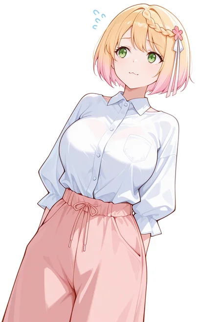 masterpiece,high quality details, absurdres,
 <lora:Sakura_Mochida:0.8>
sakuram_cnr, 1girl, blonde hair, pink hair, gradient hair, short hair,braid,green eyes,large breasts,hair ribbon,hair ornament, hair flower,enh_cnr,, simple background, white background, dutch angle,solo,, nervous,sulking,, :3,, slight back arch,casual stride,slight side bend,, dress shirt,peacoat  ,baggy pants, ,var-legwear,