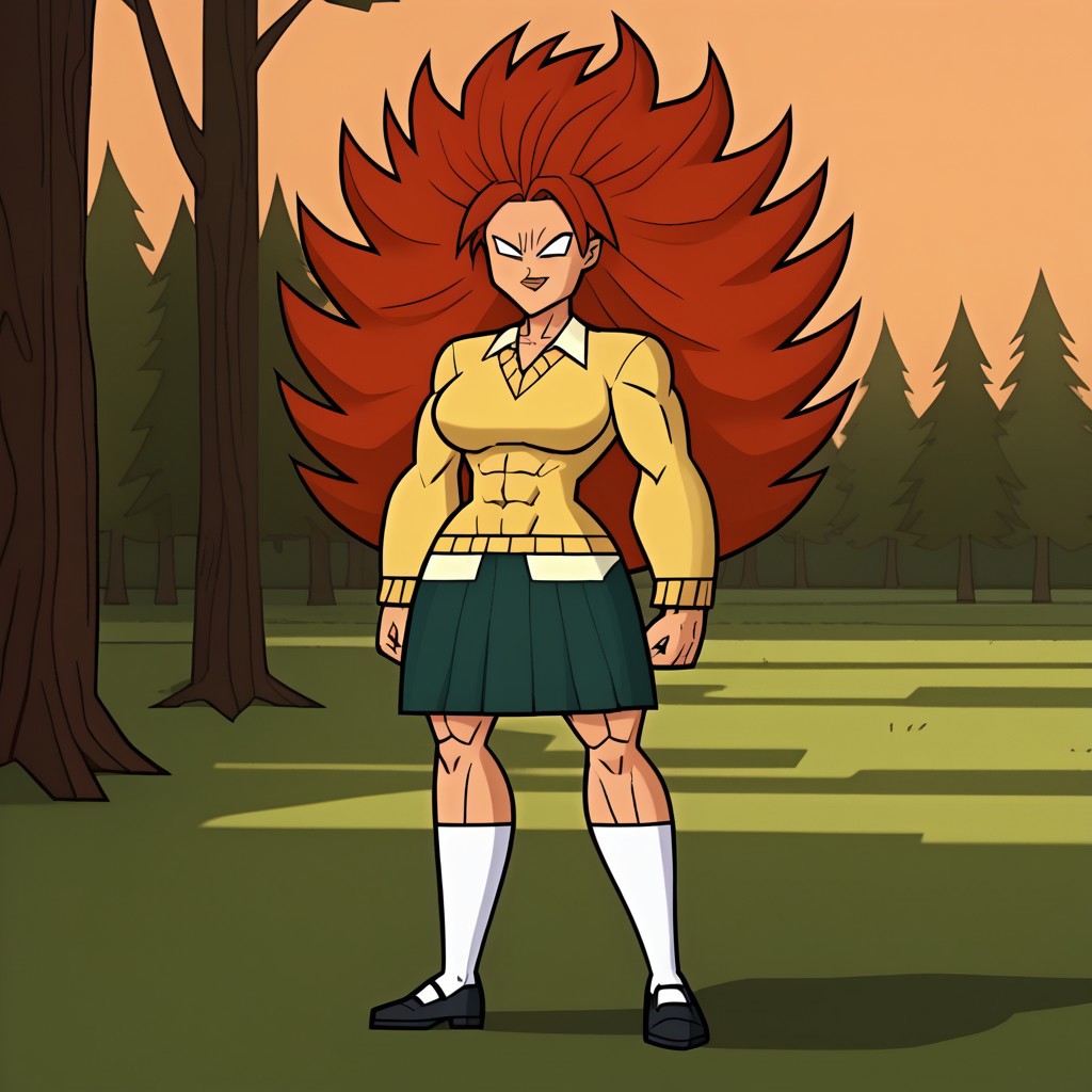 score_9, score_8, BREAK, solo, 1girl, yellow sweater, collared shirt, green skirt, white socks, black footwear, red hair, long hair, spiked hair, blank eyes, no pupils, muscular muscular female, abs, alternate muscle size, tall, big breasts, total drama, Evil_Scarlett_(Total_Drama), tdpi, legendary super saiyan, sexy pose, smile, outdoors, sunlight, shadows, evening lighting, natural lighting, forest, trees, grass, orange sky, sunset