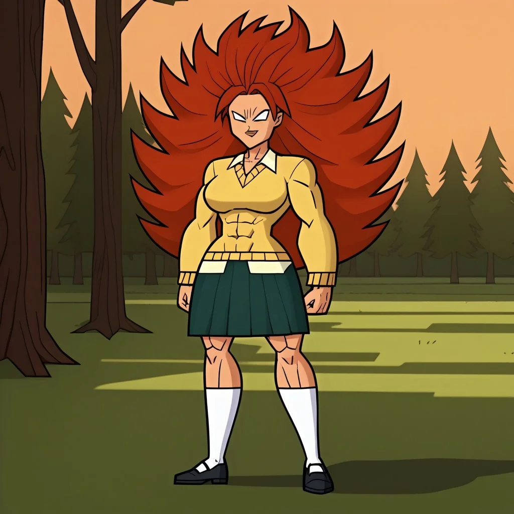 score_9, score_8, BREAK, solo, 1girl, yellow sweater, collared shirt, green skirt, white socks, black footwear, red hair, long hair, spiked hair, blank eyes, no pupils, muscular muscular female, abs, alternate muscle size, tall, big breasts, total drama, Evil_Scarlett_(Total_Drama), tdpi, legendary super saiyan, sexy pose, smile, outdoors, sunlight, shadows, evening lighting, natural lighting, forest, trees, grass, orange sky, sunset