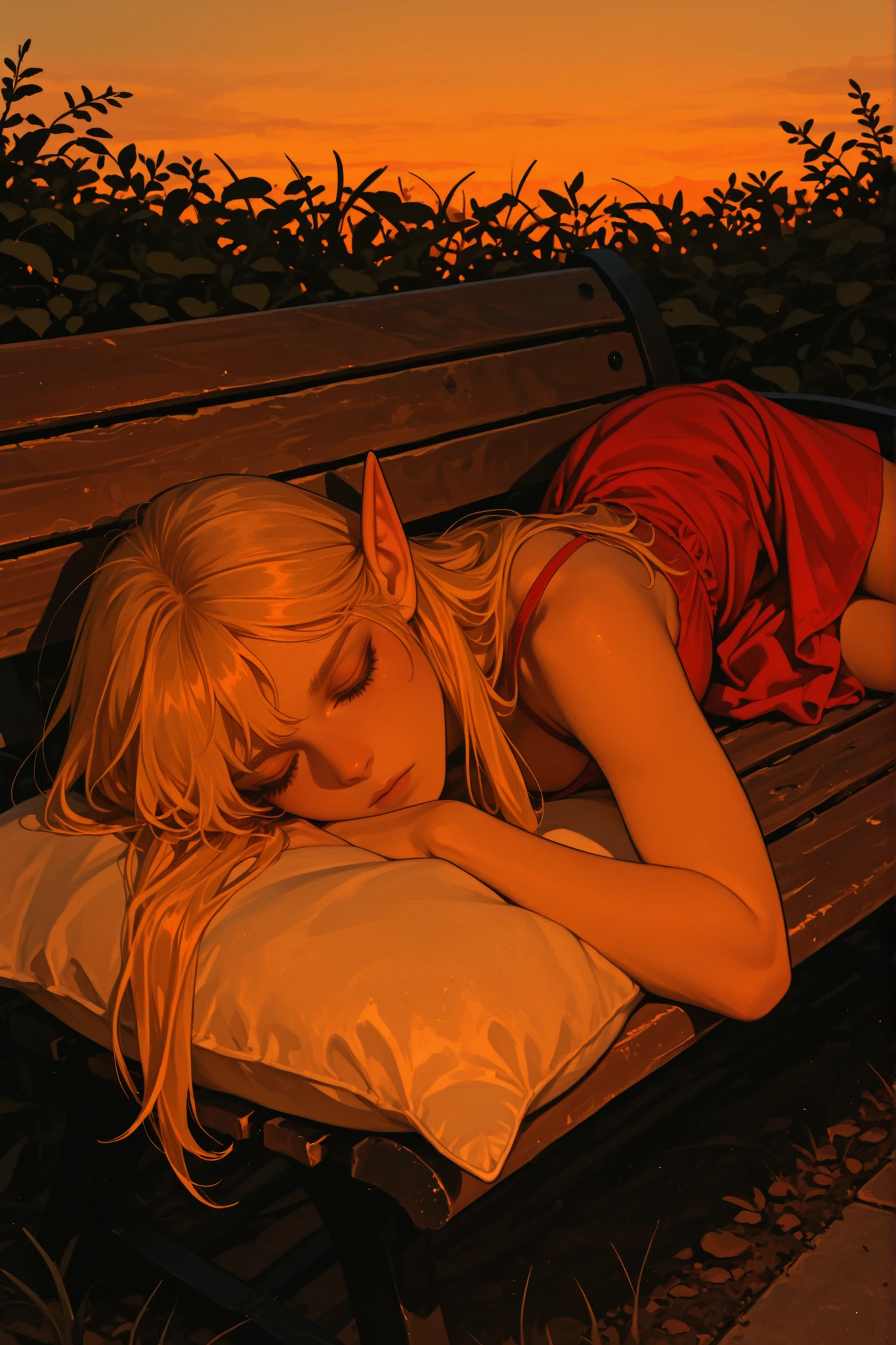 Cold expression, expressionless, dismal, gloomy, semi-realism, enhanced anime, noise effect, sharp details, VHS, BREAK 1girl, elf, laying on stomach, on wooden bench, garden bench, shadows, sunset, orange-hued, blonde hair, long hair, red dress, summer dress, pillow, short dress, semi-realism, closed eyes, 