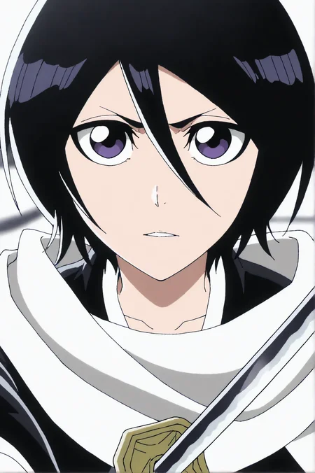 masterpiece, best quality, anime screencap, year 2023, Kuchiki Rukia, Shinigami Outfit, holding, holding sword, katana, looking at viewer, scarf, solo, solo focus, sword, weapon, white scarf <lora:JN_Kuchiki_Rukia_TYBW_Illus:0.8>