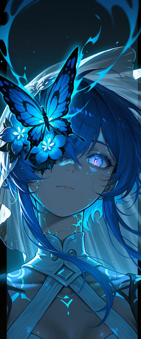 absurdres, high_quality, newest, incredibly_absurdres, very aesthetic, underlighting, film_grain, blurry_background, bokeh, grainy_texture, glint, magic, light_theme magic_user, aura, glowing, vibrant
HT-Illu, border, pillarboxed, portrait, cracked skin, flower over eye, wind_lift, gradient background, wuthering_waves 
shorekeeper_(wuthering_waves) 1girl black_background blue_butterfly blue_hair blue_theme blue_veil bug butterfly butterfly_over_eye closed_mouth colored_eyelashes crossed_bangs expressionless gradient_background one_eye_covered painterly portrait prototype_design purple_eyes simple_background solo straight-on veil white_veil