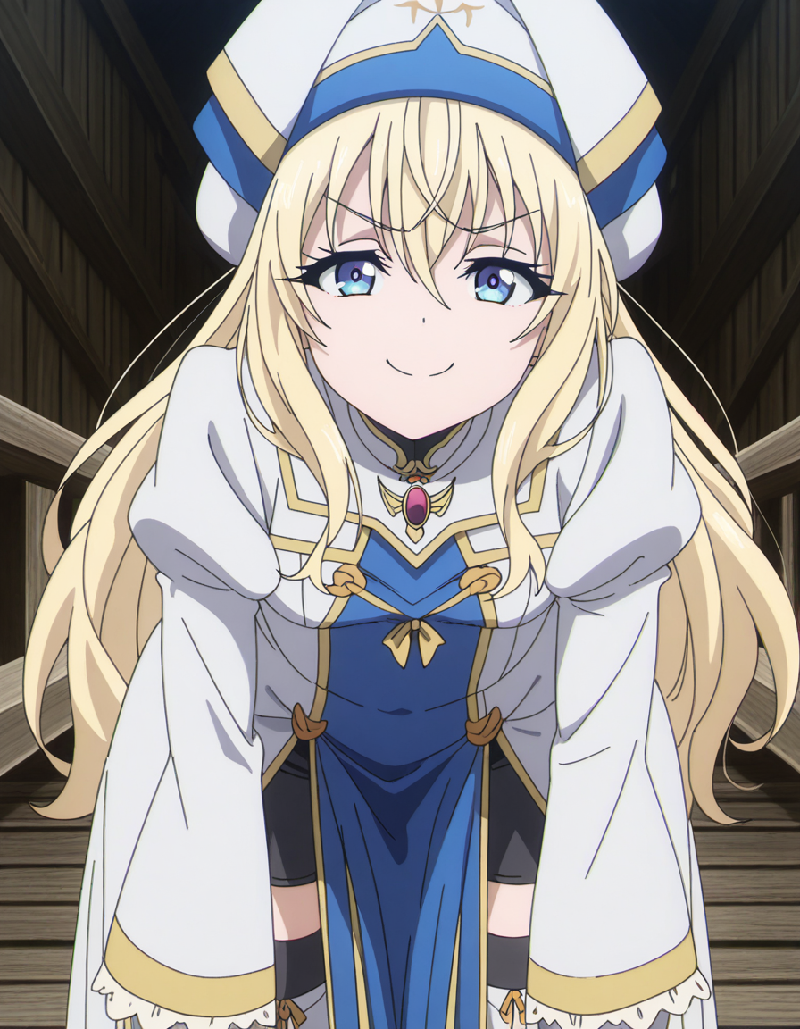 masterpiece, best quality, amazing quality,, <lora:priestess-s2-illustriousxl-lora-nochekaiser:1>, priestess, blonde hair, blue eyes, long hair, hair between eyes, mature female, small breasts, anime screencap, boots, dress, frilled sleeves, frills, hat, white headwear, pelvic curtain, high heels, robe, thigh boots, thighhighs, white thighhighs, long sleeves, puffy sleeves,, bent over, smug,, wooden bridge, planks, rustic, crossing, narrow, cowboy shot, solo, looking at viewer