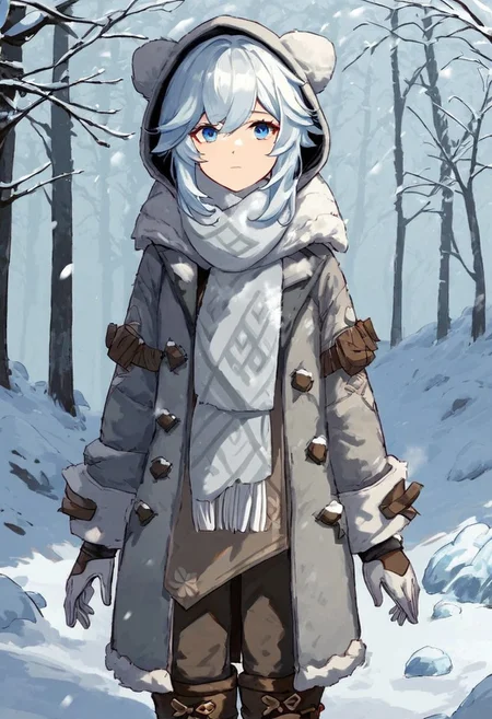 Score_9, score_8_up, score_7_up, Genshin Impact Style, source_anime, snow, ice forest, 1girl, solo, 
White hair, tattered fur hood over hair, grey fur hood, tattered fur snow coat, baggy fur coat,  pale blue eyes, standing, facing viewer, staring at viewer, tattered brown cloth around chest, white cloth around chest, white ragged cloth, white ragged scarf, white snow gloves, grey fur boots, dark grey pants, snow boots, black snow boots