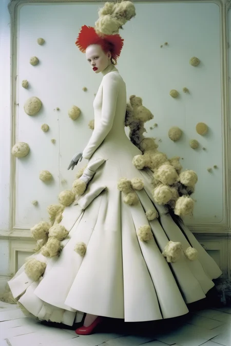 <lora:Tim Walker Style:1>Tim Walker Style - Modern fashion photography,cycberpunk, A female model in a dress Tim walker and Chenman