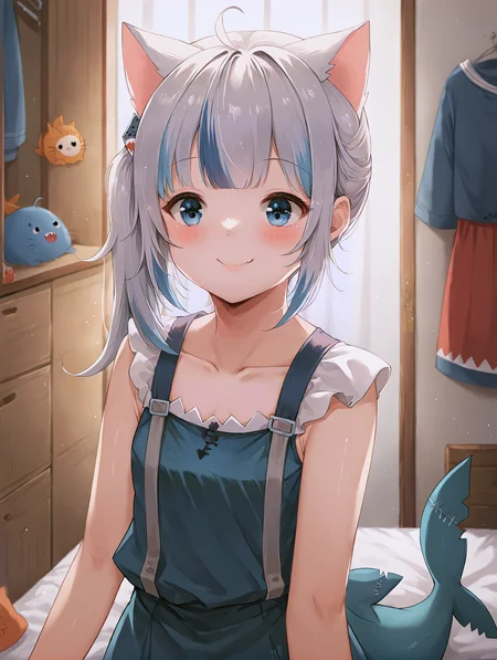 <lora:3_Style_Art_Chintora_XL:0.8> <lora:HOLOLIVE_Gawr_Gura_XL:0.7> gawr gura, 1girl, shark tail, gura_neko, blue dress, cat ears, side ponytail, upper body, smile, blush, closed mouth,, <lora:9_Detail_Tweaker_XL:0.8>, score_9, score_8_up, score_7_up, source_anime, masterpiece, best quality, highly detailed background, cinematic lighting, detailed eyes, perfect face,, lazy, teenager room, messy, bedroom, bed sheet, closet,