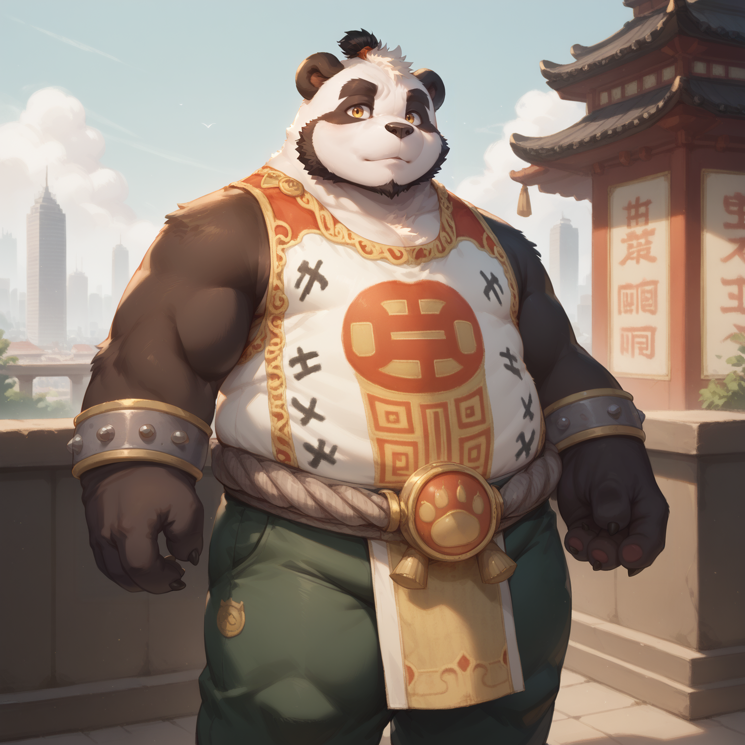 score_9_up,score_8_up,score_7_up,<lora:ZhouZhuoNEW-000014:0.8>,zhouzhuo,furry,1boy,solo,panda,bear boy,bara,tall,fat,plump,facial hair,thick eyebrows,golden eyes,youxue uniform,belt,bracer,pants,panorama,looking_at_viewer,cityscape,by littleblackalas,<lora:littleblackalasxl_:0.6>,