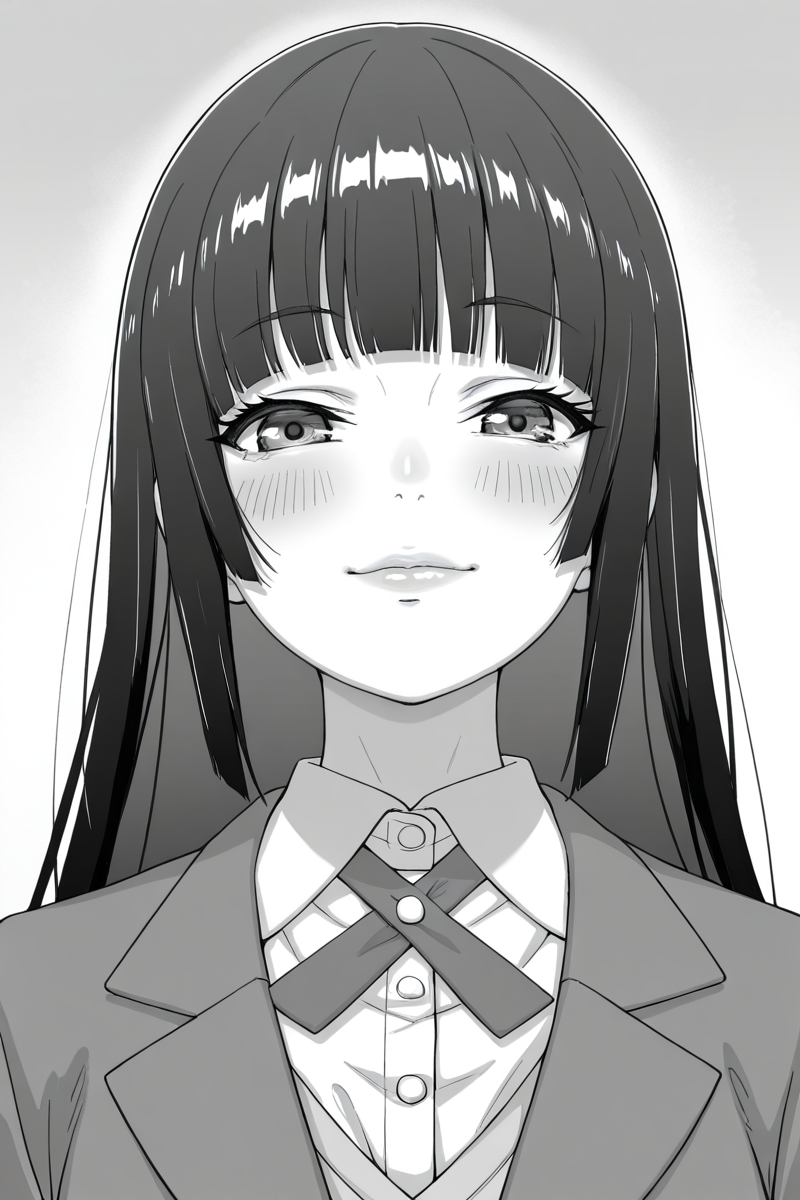 masterpiece, best quality, amazing quality,
 <lora:Kuensan_IL:1> kuensan, 1girl, monochrome, greyscale, school uniform, solo, long hair, bangs, looking at viewer, smile, shirt, hime cut, jacket, blazer, blush, collared shirt, lips, blunt bangs, portrait