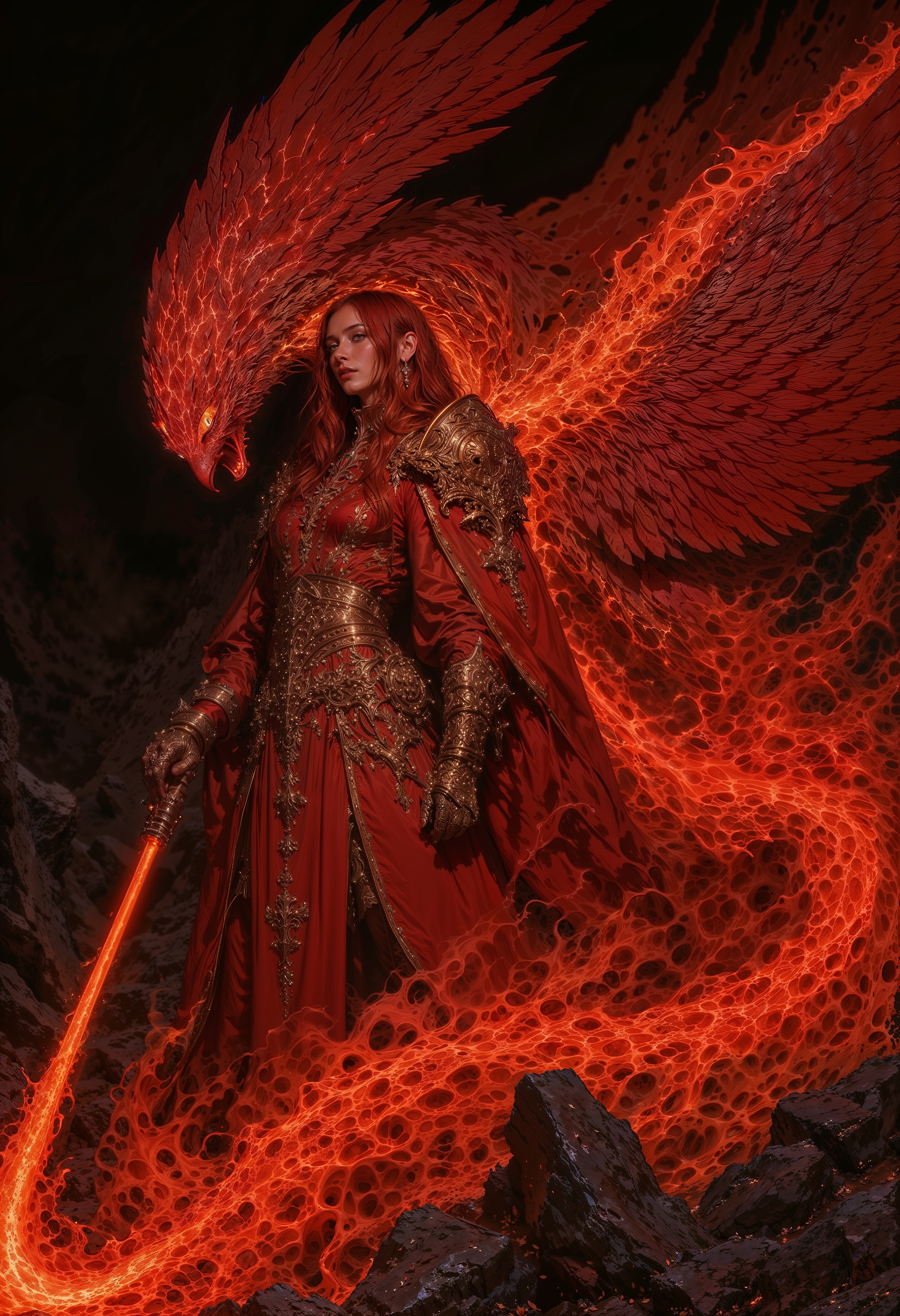 dark fantasy illustration, high detail fantasy anime, Clad in robes of flickering flame and adorned with golden runes, the Emberheart Sorceress is a walking inferno of power and passion. Her fiery red hair crackles like a living blaze, and her molten gold eyes burn with the intensity of an eternal fire. At her side soars a magnificent phoenix, its feathers ablaze with hues of crimson, orange, and gold. With each beat of its wings, embers rain down, igniting the air with sparks of magic. Together, they embody rebirth and destruction, their presence heralding either salvation or ruin, depending on the hearts of those who stand before them.
 <lora:flux.1_lora_flyway_Epic-detail_v2:0.85> <lora:FluxMythAn1meL1nes:0.8> <lora:MoriiMee_Gothic_Niji_Style__FLUX_LoRA_Test_2:0.65>