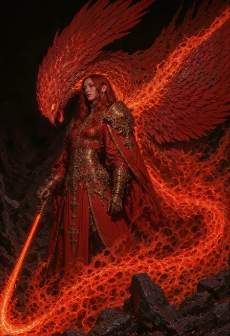 dark fantasy illustration, high detail fantasy anime, Clad in robes of flickering flame and adorned with golden runes, the Emberheart Sorceress is a walking inferno of power and passion. Her fiery red hair crackles like a living blaze, and her molten gold eyes burn with the intensity of an eternal fire. At her side soars a magnificent phoenix, its feathers ablaze with hues of crimson, orange, and gold. With each beat of its wings, embers rain down, igniting the air with sparks of magic. Together, they embody rebirth and destruction, their presence heralding either salvation or ruin, depending on the hearts of those who stand before them.
<lora:flux.1_lora_flyway_Epic-detail_v2:0.85> <lora:FluxMythAn1meL1nes:0.8> <lora:MoriiMee_Gothic_Niji_Style__FLUX_LoRA_Test_2:0.65>