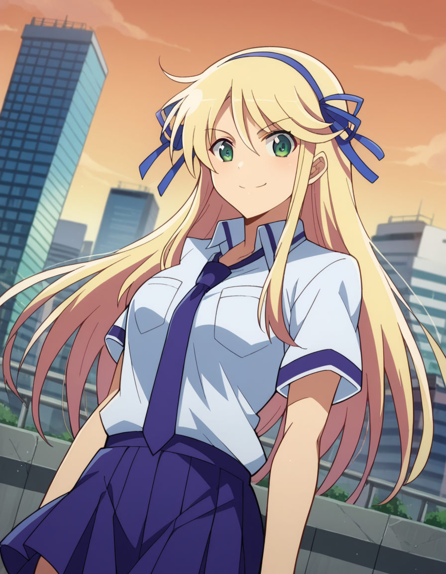 score_9, score_8_up, score_7_up, source_anime,
skkatsuragi, <lora:sk-katsuragi-ponyxl-lora-nochekaiser:1>
katsuragi, long hair, blonde hair, ribbon, green eyes, hair ribbon, hairband, smile,
shirt, cleavage, school uniform, necktie, blue ribbon, blue necktie, purple skirt,
outdoors, cityscape,
looking at viewer, dutch angle, cowboy shot