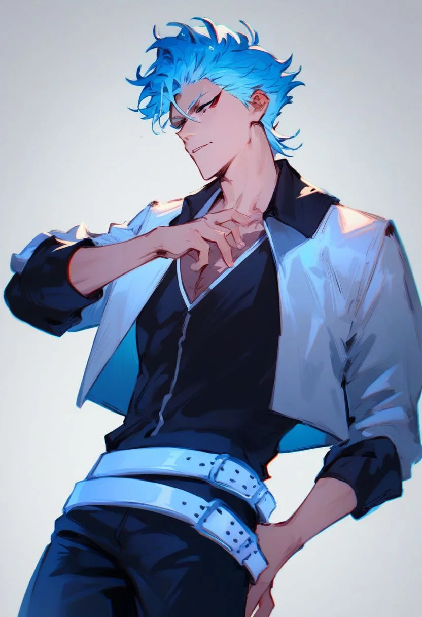 Grimmjow, blue hair and eyes, white crop jacket, black shirt, black pants, white belt, score_9, score_8_up, score_7_up, source_anime,