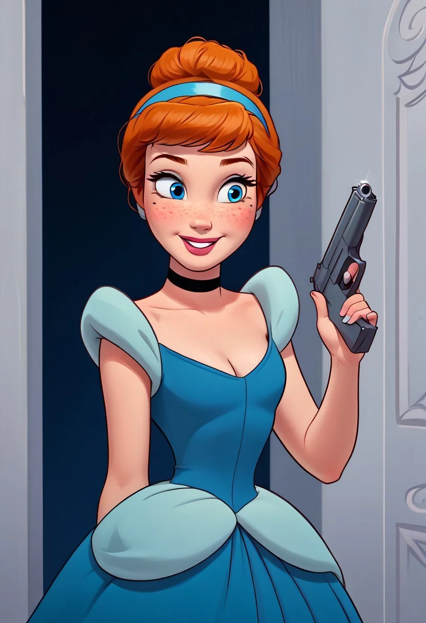 score_9, score_8_up, score_7_up, score_6_up, rating_safe, 1girl, 18yo anna, blue eyes, freckles, hair bun, hairband, makeup, bare shoulders, blue dress, long skirt, princess, choker, cleavage, cutest girl in the world,  cutest girl in the world, cute cheeks, thigh gap, petite, freckles, freckled girl, bubble butt, kinky, adorable, petite, round face, skinny,  smiling, adorable, holding pistol with a silencer, CinderellaXLP
dark alley background, detailet background