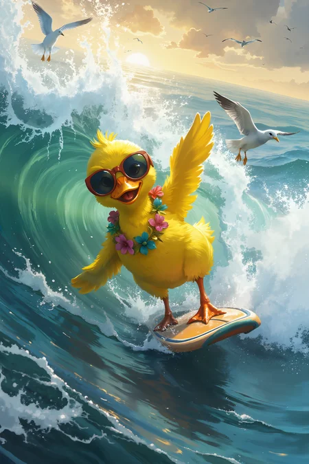 A bright yellow duck, wearing oversized mirrored sunglasses and a tropical flower necklace, balances expertly on a surfboard, cutting through the crest of an enormous wave. The water is a swirling mix of blues and greens, foamy spray frozen in time as it arcs around the duckâs outstretched wings. A small crowd of bewildered seagulls watches mid-flight, their heads tilted in disbelief. The horizon stretches endlessly in the background, where the setting sun casts a golden glow across the oceanâs surface.<lora:XRSTYLE_FLUX:0.5><lora:black_fantasy_1.0:0.5><lora:FluxDFaeTasticDetails:0.7>
