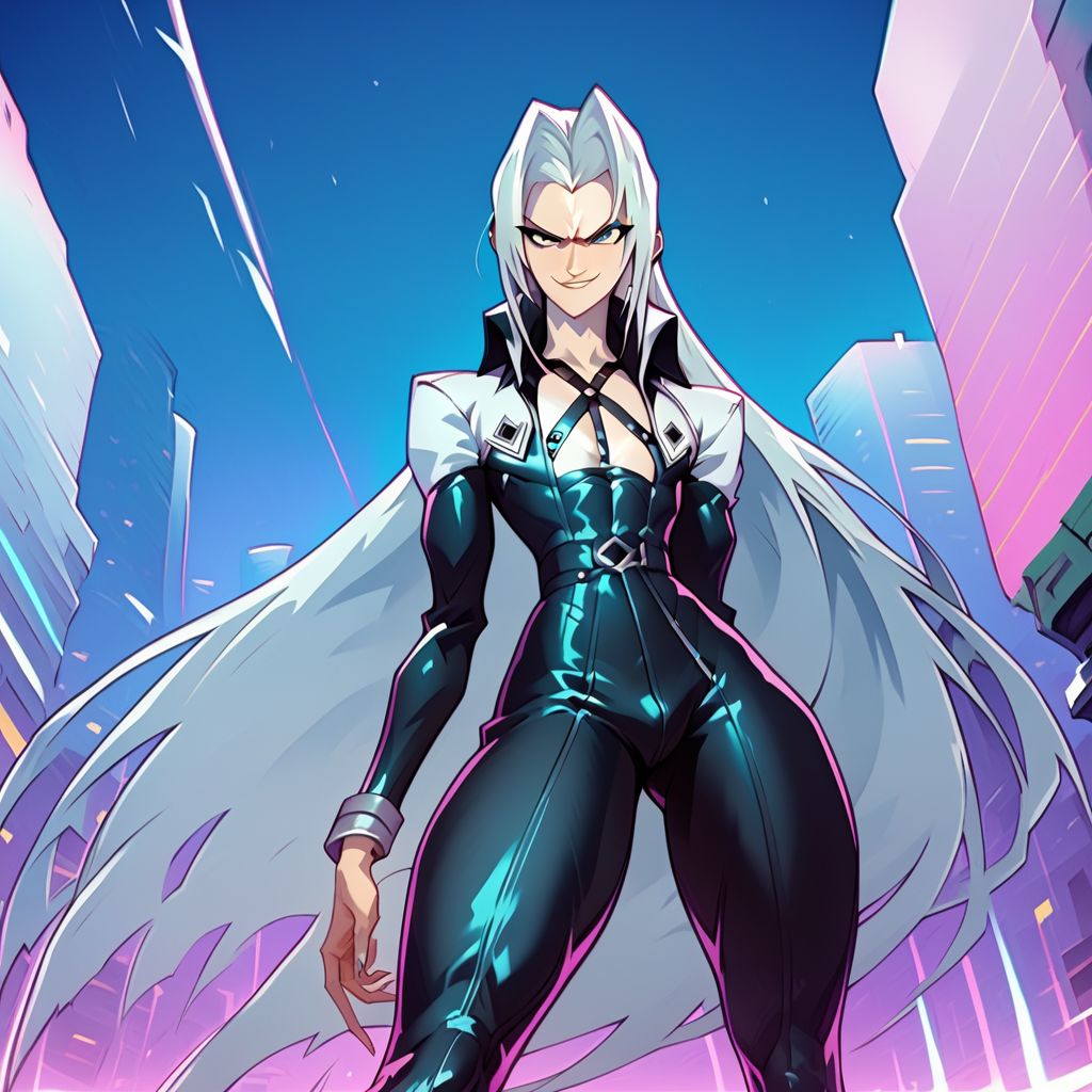score_9, score_8_up, score_7_up, retrowave, vaporwave, Lofi, detailed closeup action shot, from below, exaggerated perspective emphasizing action, Sephiroth leaping through the air swinging very long sword, long billowing black leather overcoat, one black angel wing, smug expression, dynamic pose, in an industrial city at night, dim street lighting, solo, beautiful, androgynous, flat chest, leather straps, broad shouldered, high contrast, industrial cityscape background, Netflix, Studio Trigger, ff7