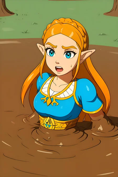 1girl, zelda\(princess\), partially submerged, sinking, mud, scared, screaming, mud slime
