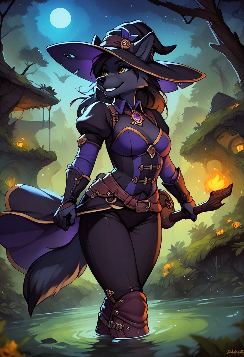 score_9, score_8_up, score_7_up, ultra quality, detailed texture, ((Solo)), source_furry, solo, anthro, furry, female, canine, ((black
wolf)), black hair, long hair, (black fur), feminine, yellow eyes, witch, witches hat, black clothing, swamp, beautiful, fantasy, medieval fantasy, outside, open field, portrait, night, powerful