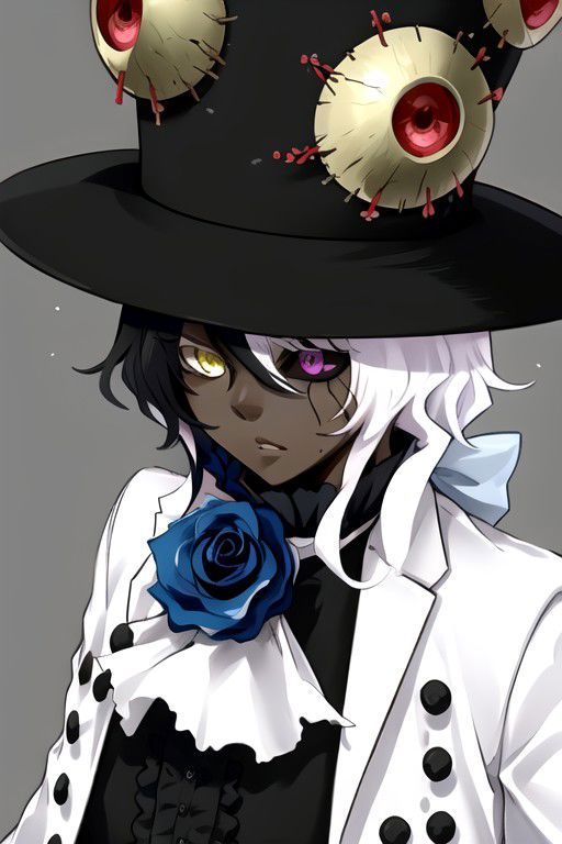 shiromi, hat, dark skin, yellow eyes, heterochromia, white hair, flower, long hair, blue flower, multicolored hair, black hair, top hat, blue rose, rose, 1boy, black headwear, dark-skinned male, formal, purple eyes, black sclera, cracked face, colored sclera